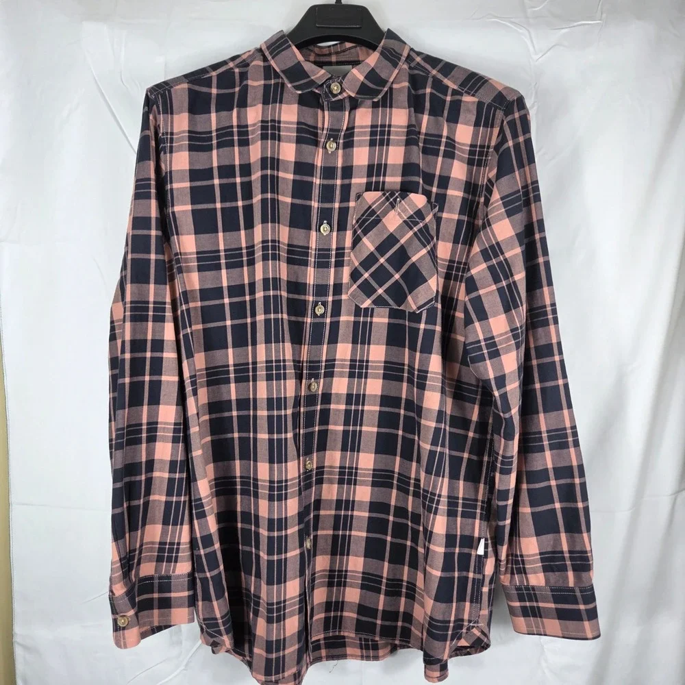 The North Face Mens XL Plaid Button Down Shirt Navy Peach Long Sleeve